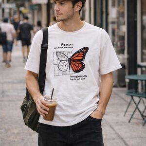 Hanes Hefty 2004 Graphic T-Shirt Art and Logic with Orange Butterfly Print